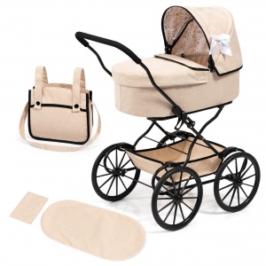 Bayer Design 14375AA Doll's pram nostalgic, doll stroller classic, with integrated basket, bag, Beige