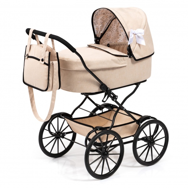 Bayer Design 14375AA Doll's pram nostalgic, doll stroller classic, with integrated basket, bag, Beige - Imagen 4