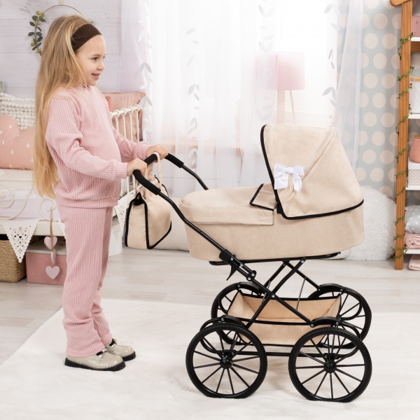 Bayer Design 14375AA Doll's pram nostalgic, doll stroller classic, with integrated basket, bag, Beige - Imagen 5