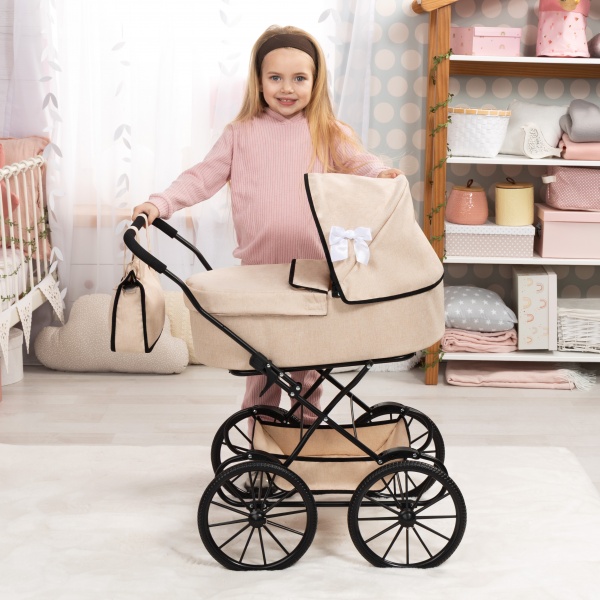 Bayer Design 14375AA Doll's pram nostalgic, doll stroller classic, with integrated basket, bag, Beige - Imagen 6