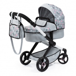 Bayer Design Doll Stroller, Pram Xeo - Grey, Pink, Stars - Includes Shoulder Bag, Fits Dolls Up to 18',