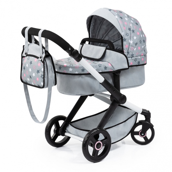 Bayer Design Doll Stroller, Pram Xeo - Grey, Pink, Stars - Includes Shoulder Bag, Fits Dolls Up to 18',