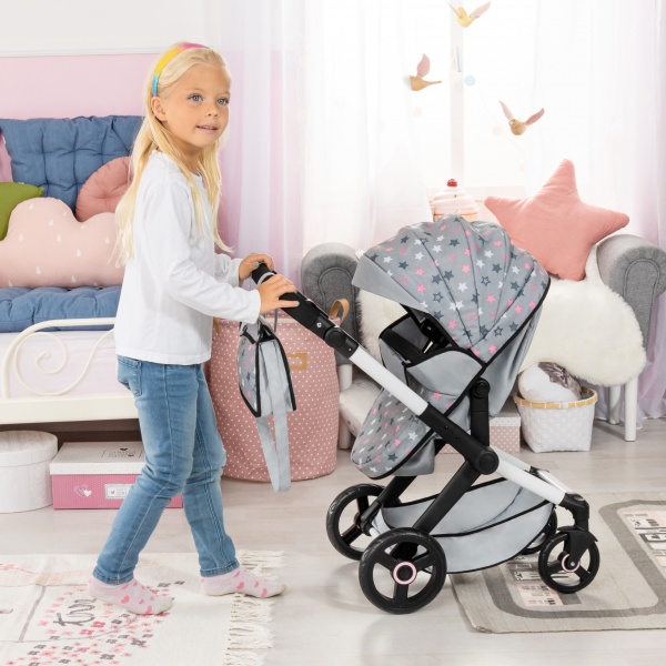 Bayer Design Doll Stroller, Pram Xeo - Grey, Pink, Stars - Includes Shoulder Bag, Fits Dolls Up to 18', - Imagen 6