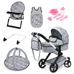 Bayer Design Doll Stroller, Xeo - Juego de 11 Piezas - Gris, Rosa, Estrellas, Bolso y Accesorios para Muñecas de hasta 18 Pulgadas,